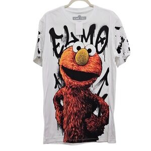 Sesame Street Elmo Graphic T-Shirt Mens Large White Graffiti Splatter Streetwear